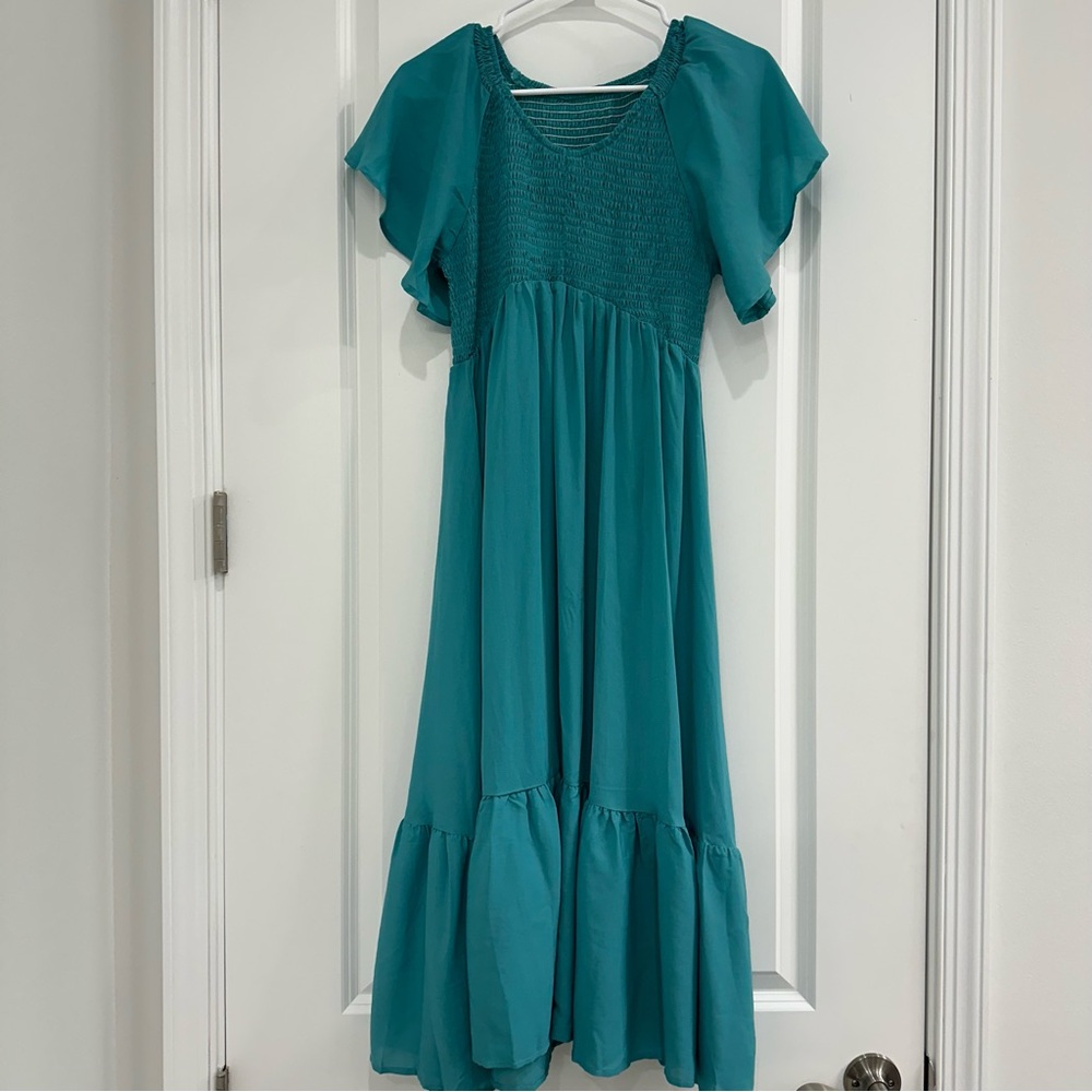 Teal Flutter Sleeve Dress size medium smocked bust